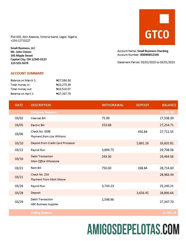 Em branco GT Bank Organization Checking modelo de extrato de conta Word e PDF